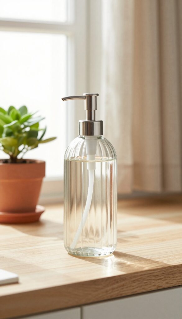 Ribbed glass soap dispenser with cork pump on wooden countertop, natural light, plant and stone backsplash.