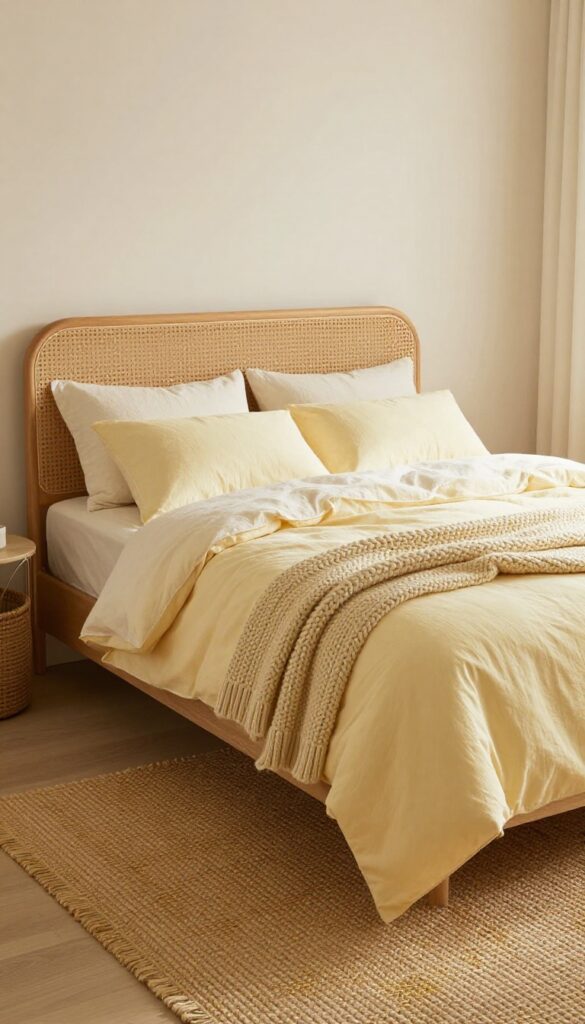 A bright bedroom featuring a yellow-wash rattan headboard, jute rug with golden threads, and woven basket, with cream and pale yellow bedding, embodying natural textures and warm neutrals.