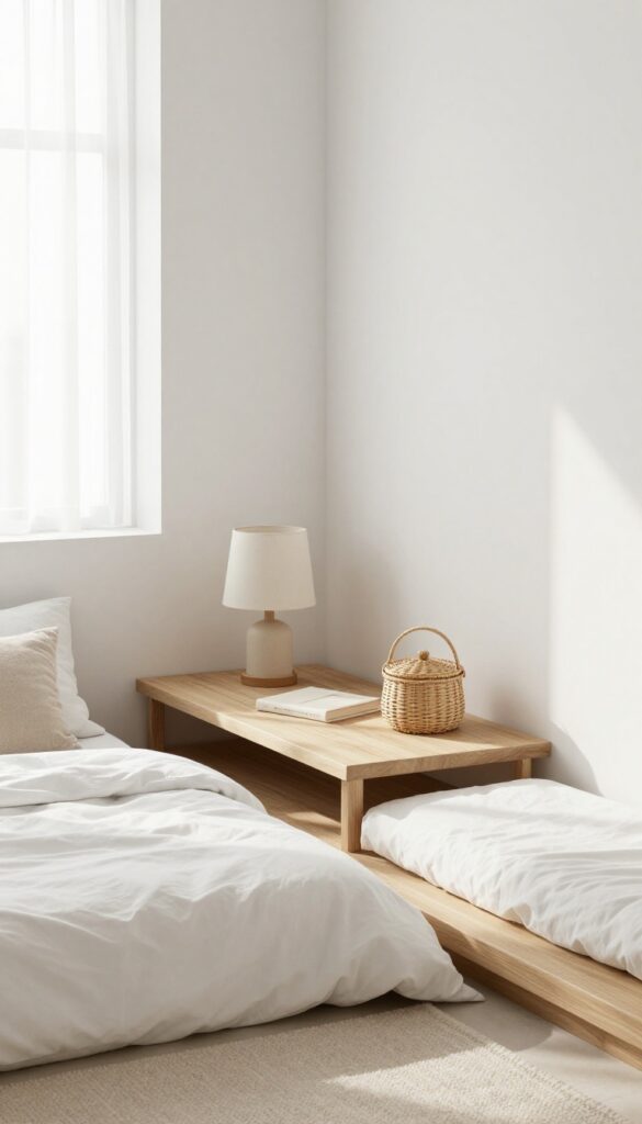 Floating shelf used as a nightstand in a small bedroom with a lamp, book, and basket