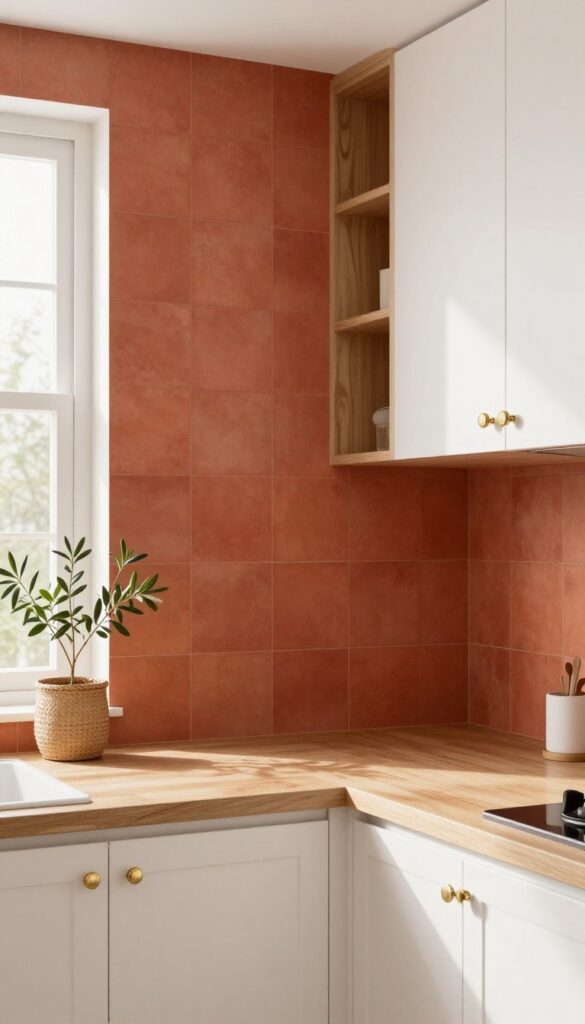 Terracotta tile backsplash in a bright kitchen with white cabinets, wooden shelves, olive plants, and brass hardware.