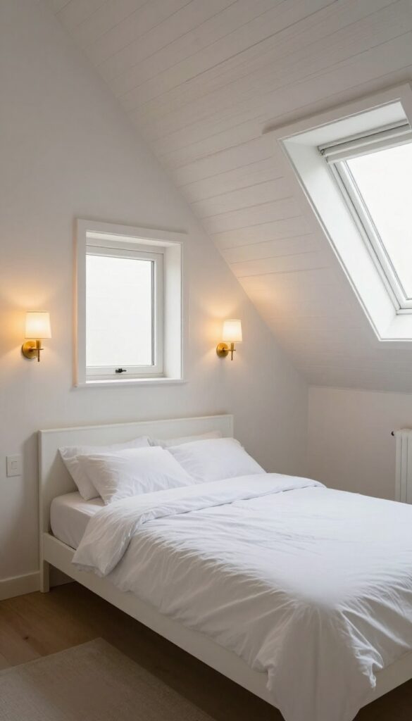Cozy attic bedroom with wall-mounted sconces on sloped ceiling instead of floor lamps