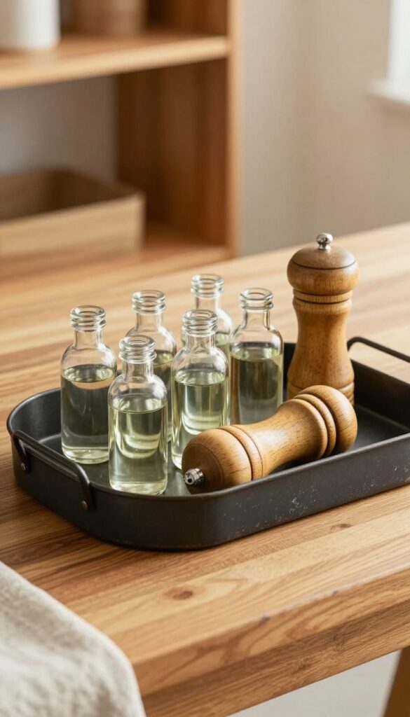 Matte black metal tray with clear glass oil bottles and wooden pepper mill on a warm wood counter, soft natural light, industrial edge style.