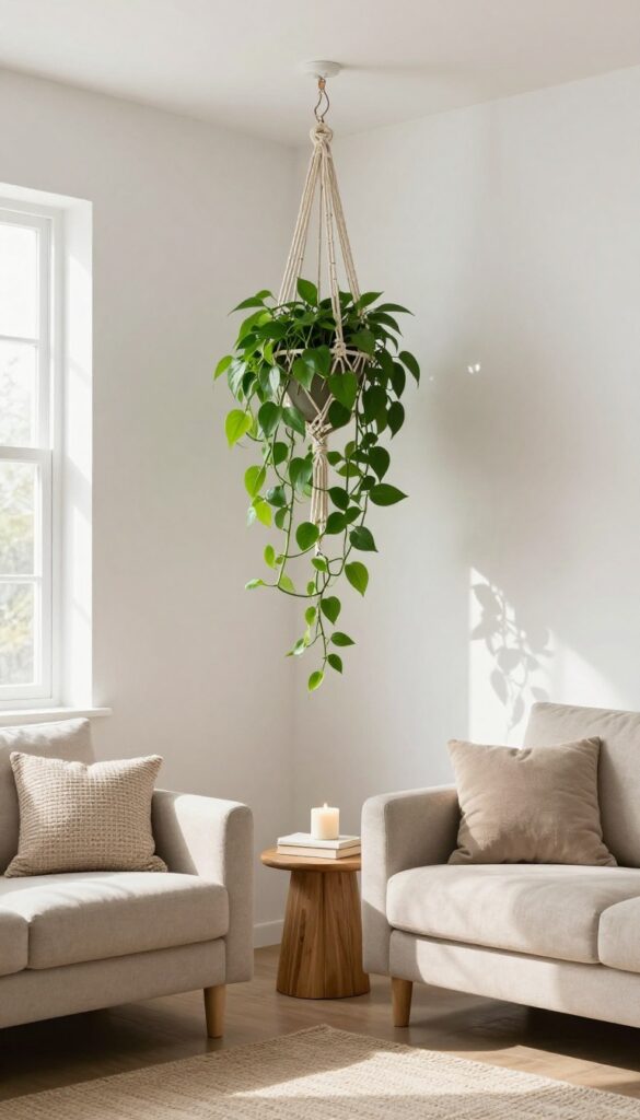 Macrame plant hanger with trailing pothos in a bright boho living room
