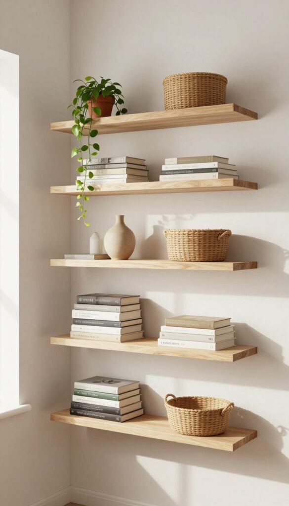 Staggered wall-mounted shelves with books and plants in a bright, airy bedroom