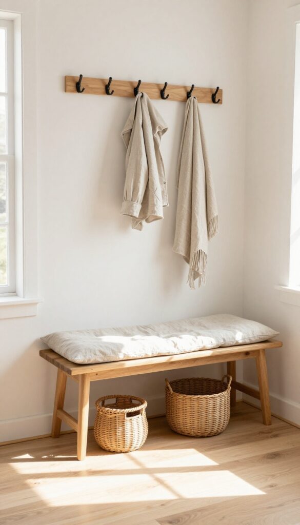 Guest room with wall-mounted hooks and slim bench for entryway feel