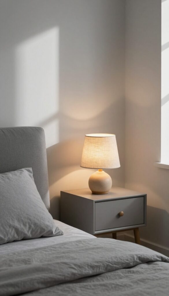 Cozy small bedroom with warm-toned lampshade on nightstand, amber glow, cool walls, gray furniture, natural daylight, soft shadows.