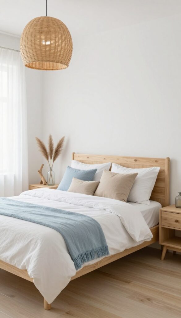 Coastal bedroom with light wood furniture, whitewashed oak bed, and natural textures