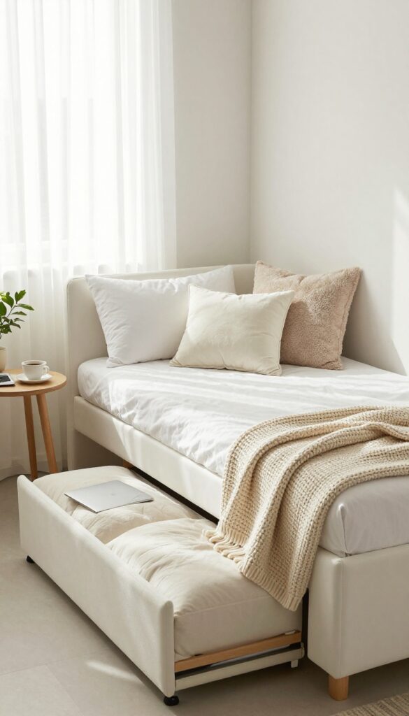 Cozy guest bedroom with a daybed featuring storage trundle, layered pillows, and a chunky knit throw, with a laptop on a side table, bright natural light.