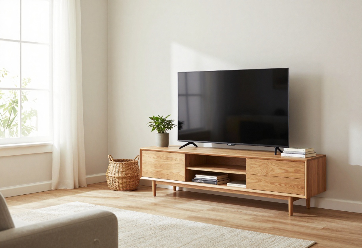 A cozy living room featuring a low wooden TV stand with a TV, plant, books, and basket, bathed in natural light.