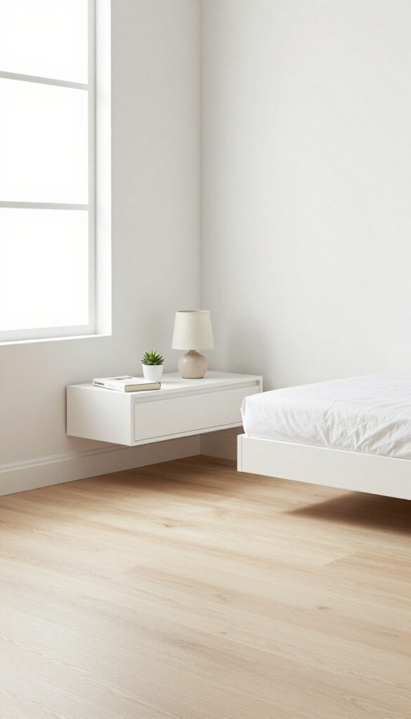 Modern boy's bedroom with wall-mounted floating nightstand, platform bed, natural light, minimalist decor