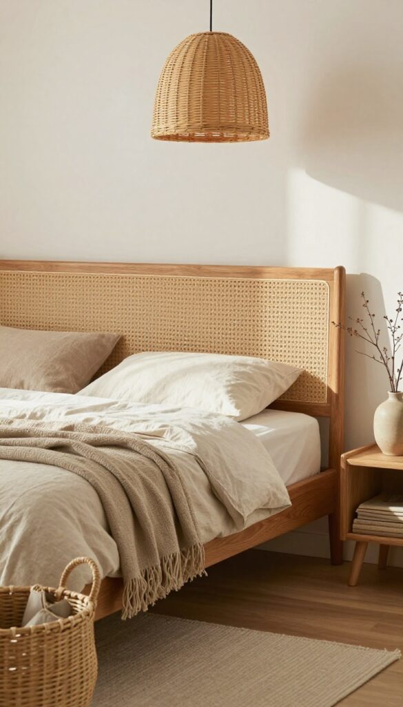 Cozy small bedroom with natural materials like wood, rattan, and linen, warm natural light, inviting atmosphere