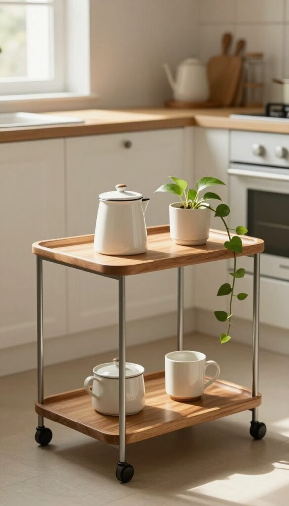 Rolling cart styled as a coffee bar with tray, canister, mug, and trailing plant in bright kitchen