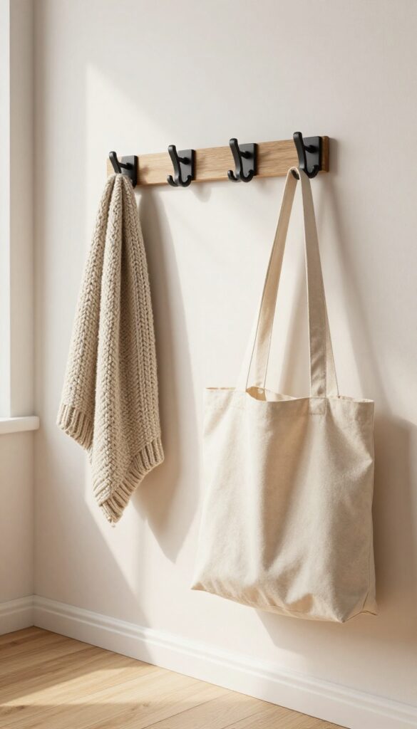 Wall hooks in a small bedroom holding a scarf and tote bag, keeping the floor clear and the room tidy.