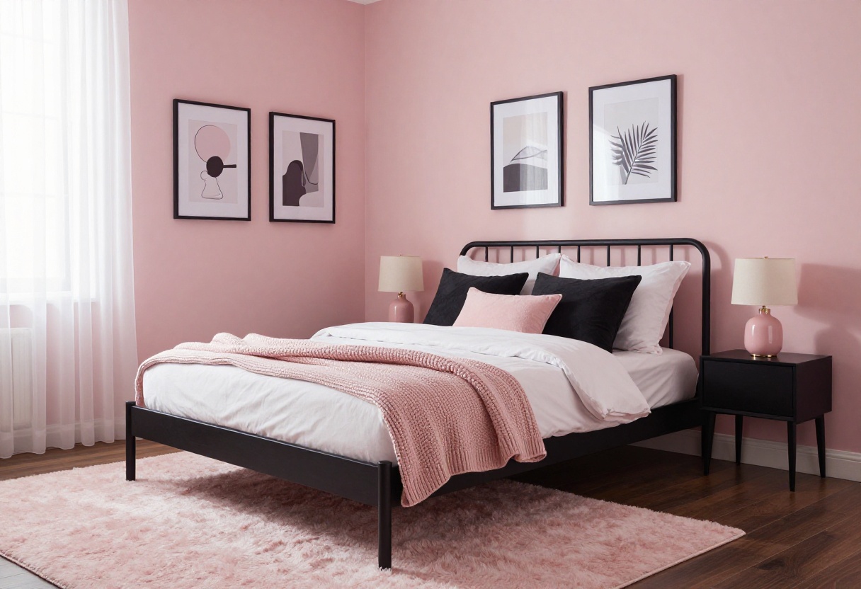 Cozy pink and black bedroom with blush walls, black bed frame, and layered pink bedding