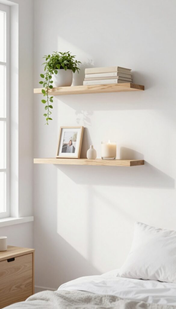 Floating shelves in a guest bedroom with books, a plant, and a candle, creating a cozy display