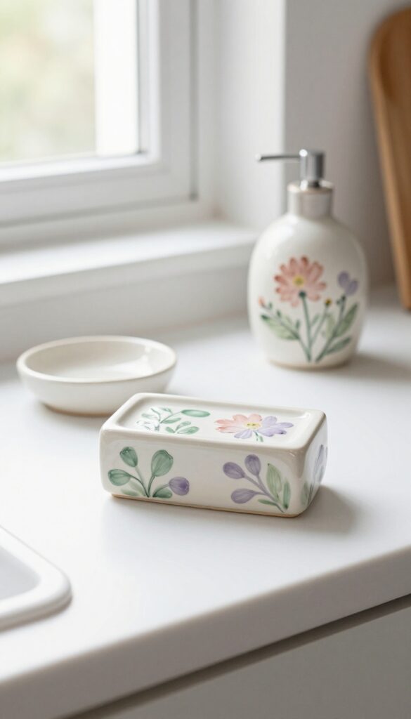 Hand-painted ceramic soap dispenser with floral motifs on a kitchen counter, surrounded by a soap dish and fresh flowers in soft natural light.