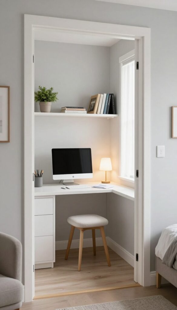 L-shaped desk in a walk-in closet converted to a home office, with warm neutral walls, a monitor, lamp, plant, and stool, adjacent to a guest bedroom.