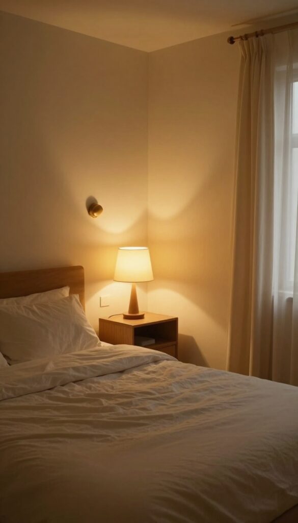 Warm dimmable lighting in a romantic bedroom with table lamps, wall sconces, and a floor lamp creating a cozy atmosphere.