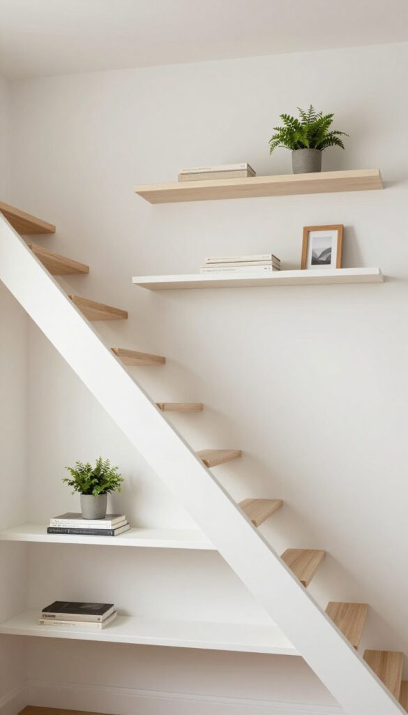 Corner floating shelves in a staircase pattern in a small bedroom