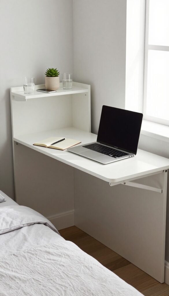 Murphy bed with fold-down desk that becomes a headboard shelf, holding a phone, water glass, and succulent.