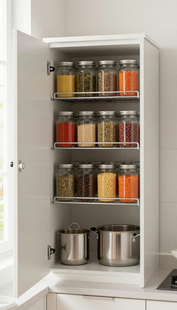 Corner pull-out shelves in a small Indian kitchen with organized spice jars and cookware