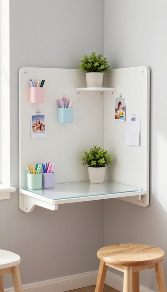 Teen bedroom with magnetic wall desk, natural wood stool, pastel accessories, and soft natural light.