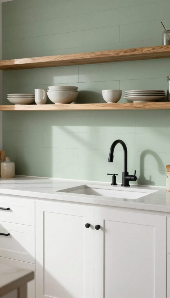 Kitchen with sage green shiplap backsplash, white cabinets, and black hardware