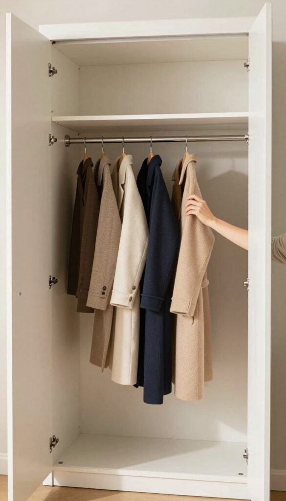 Person using a pull-down hanging rod in a small bedroom wardrobe with sliding doors