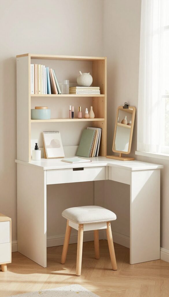 Corner combo unit with desk and vanity in a teenage girl's bedroom