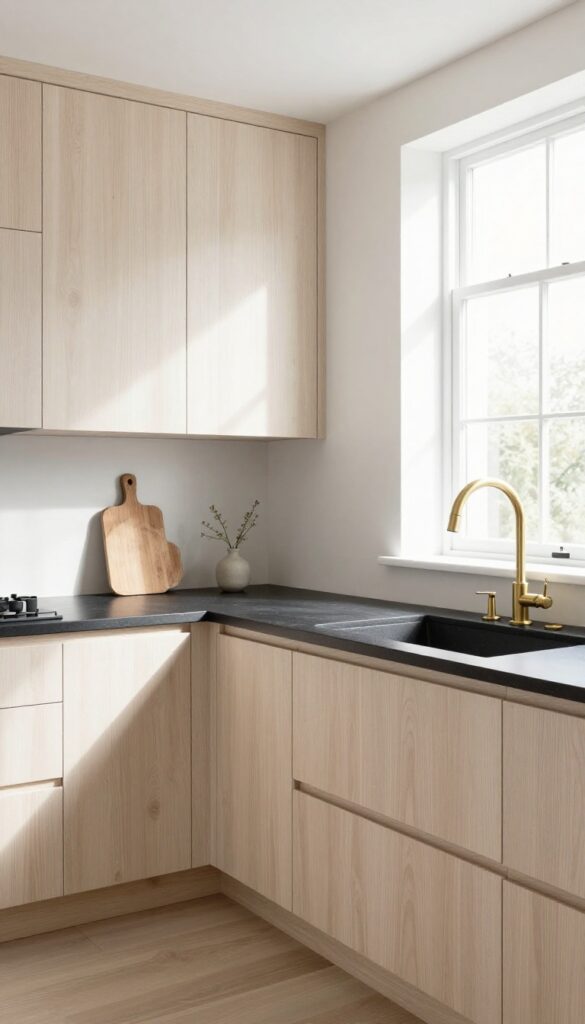 Bright kitchen with black soapstone worktop, pale oak cabinets, open shelving, and brass accents.