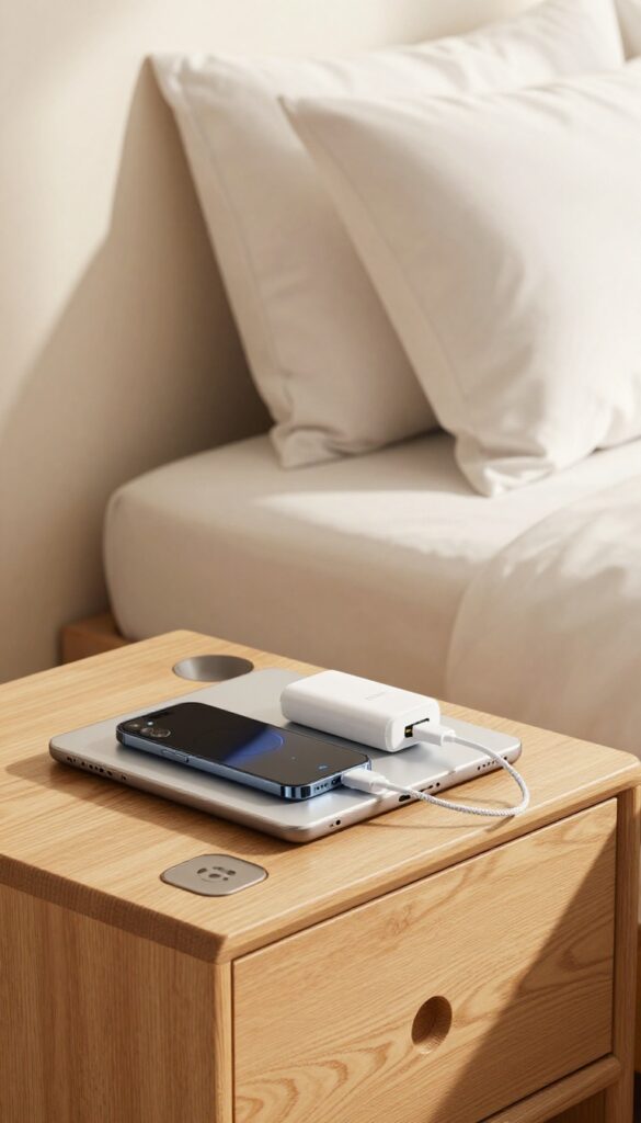 Guest bedroom with a charging station on a nightstand, including a wireless charging pad and a tray with devices.