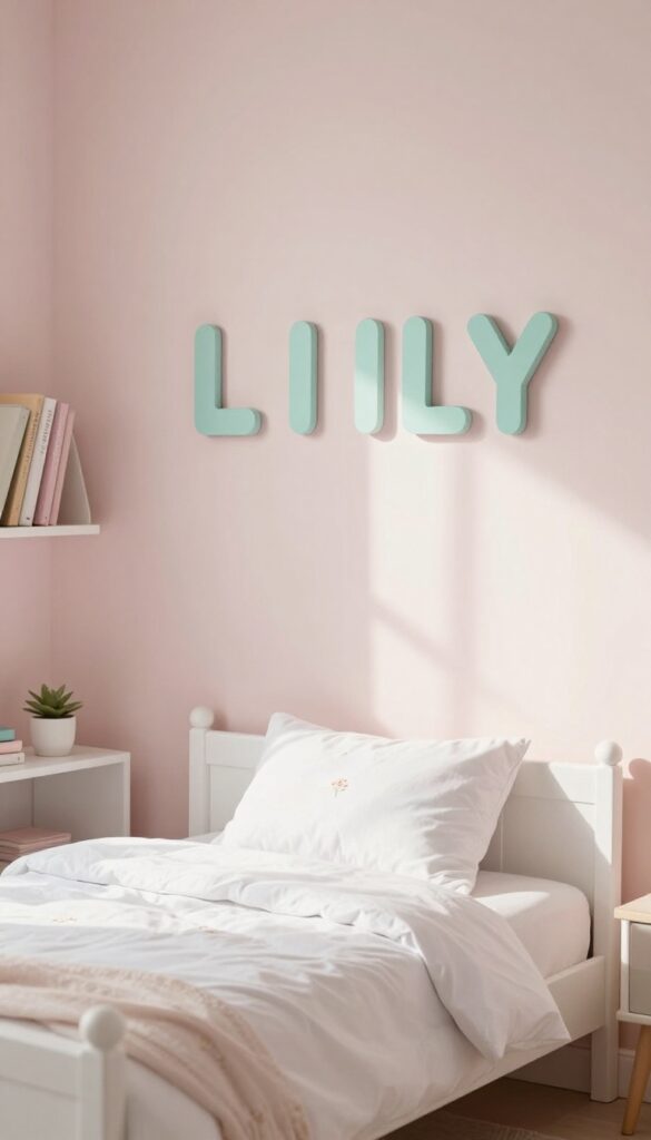 A toddler girl's bedroom with a personalized name sign above the bed, pastel mint wooden letters on a soft pink wall, bright natural light, clean and cozy design.