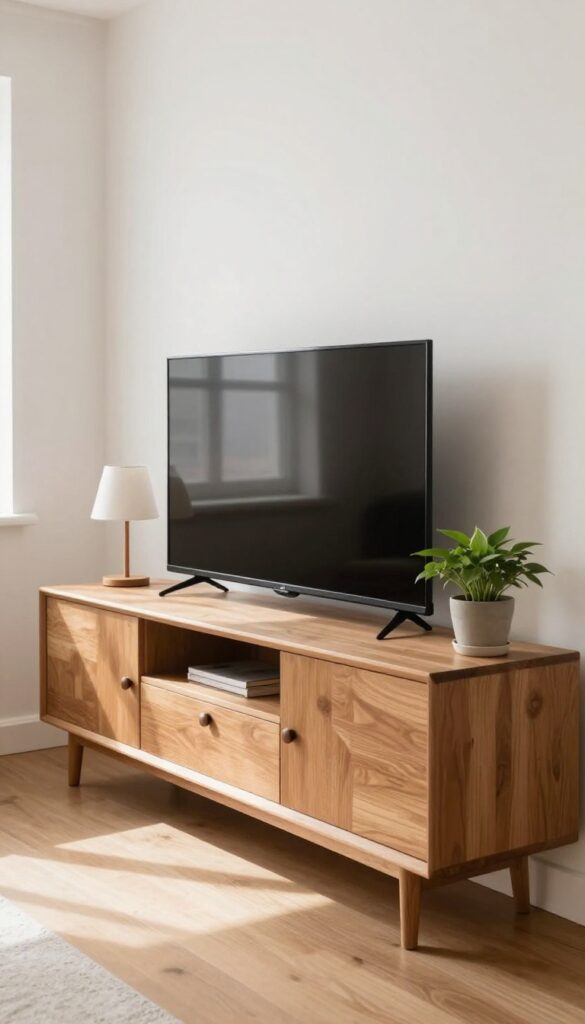 Small living room with a TV console that has drawers and cabinets, hiding cables and remotes, with a lamp and plant on top.