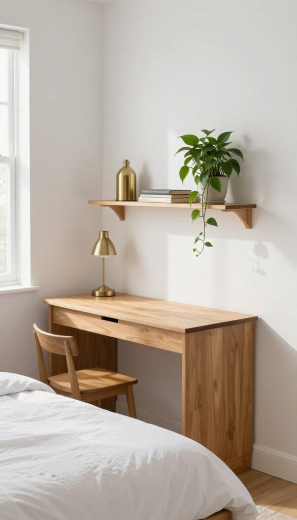 A wall-mounted fold-down desk folded up as a shelf in a tiny guest bedroom, styled with a lamp, books, and a plant.