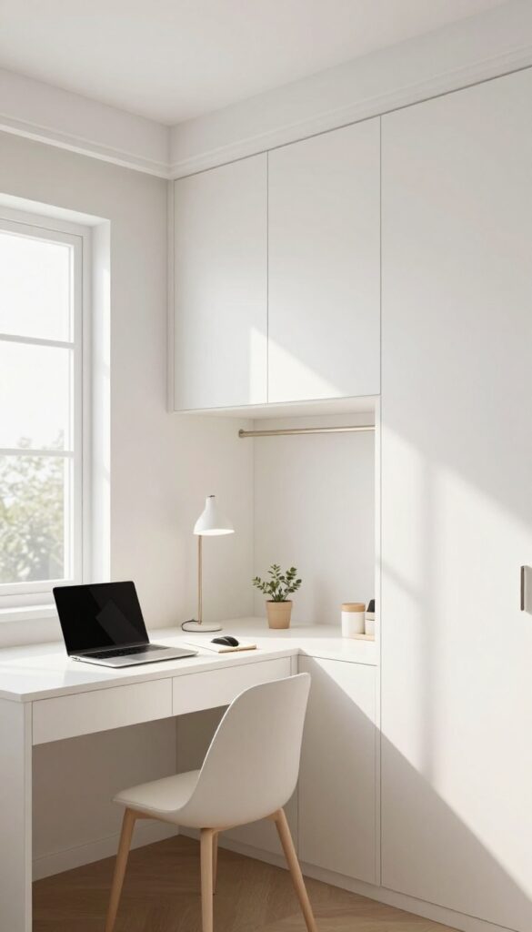 Built-in desk with overhead cabinets in a small bedroom closet, with natural light and clean composition.