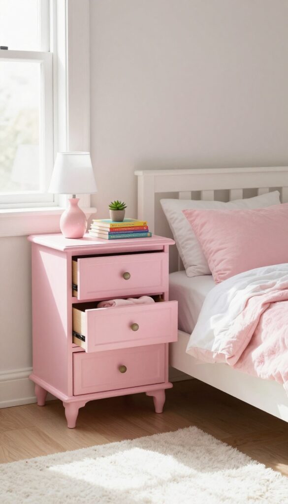 Vintage dresser painted pink used as nightstand beside low bed with lamp, books, and plant, cozy girl bedroom