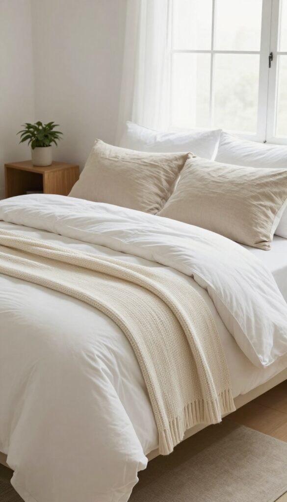 Layered neutral bedding with quilted coverlet, chunky knit throw, and linen pillowcases on a guest bed in a bright, minimalist bedroom.