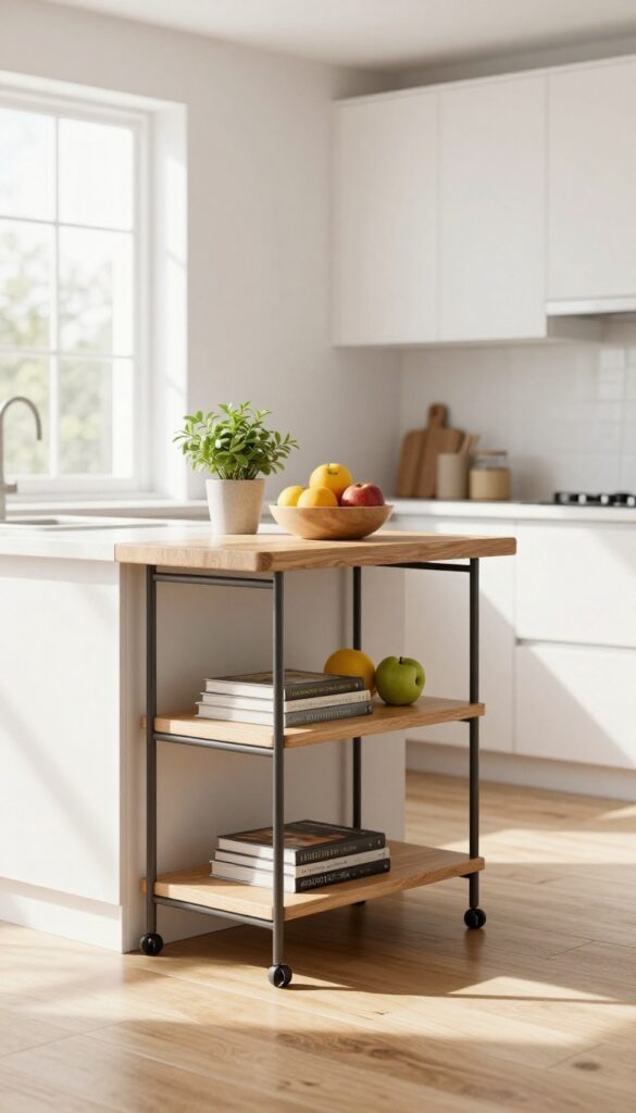 A slim rolling cart with butcher-block top placed between kitchen counter and wall, holding a plant and fruit bowl, with cookbooks on lower shelf, in a bright, airy kitchen.