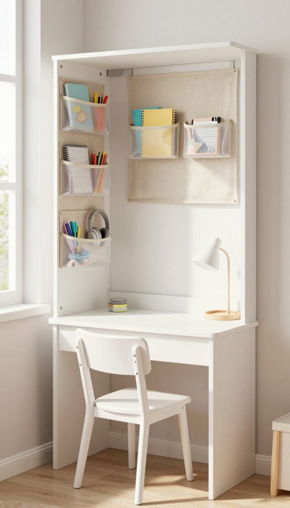 Kids desk area with over-the-door organizer in a bright bedroom