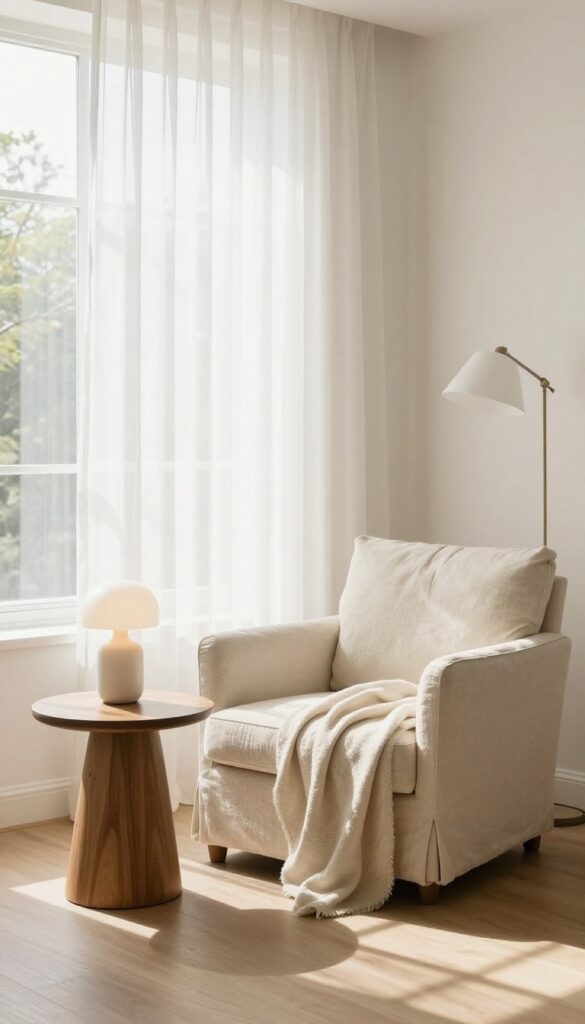 Cozy reading nook with armchair, side table, and lamp by window in bright living room