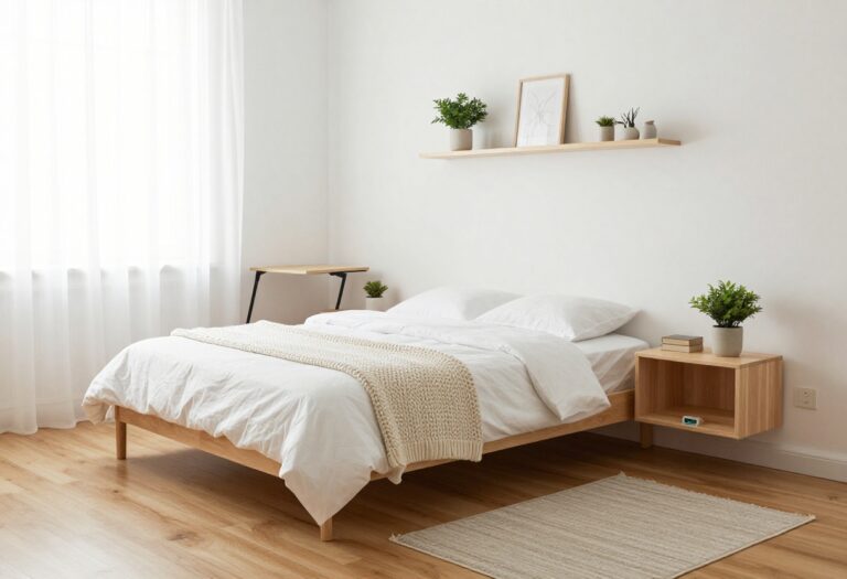 Cozy tiny guest bedroom with white bedding, floating nightstands, and a fold-down desk, showcasing smart storage and a light, airy feel.