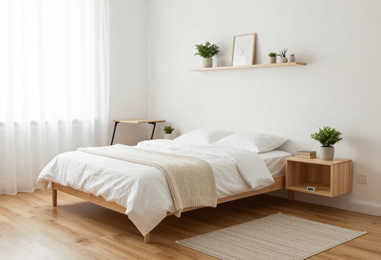 Cozy tiny guest bedroom with white bedding, floating nightstands, and a fold-down desk, showcasing smart storage and a light, airy feel.