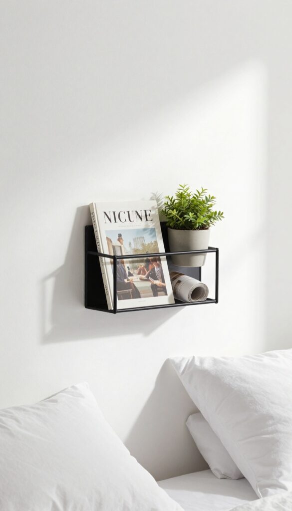 Slim black metal wall-mounted magazine rack holding books and a plant in a bright small bedroom
