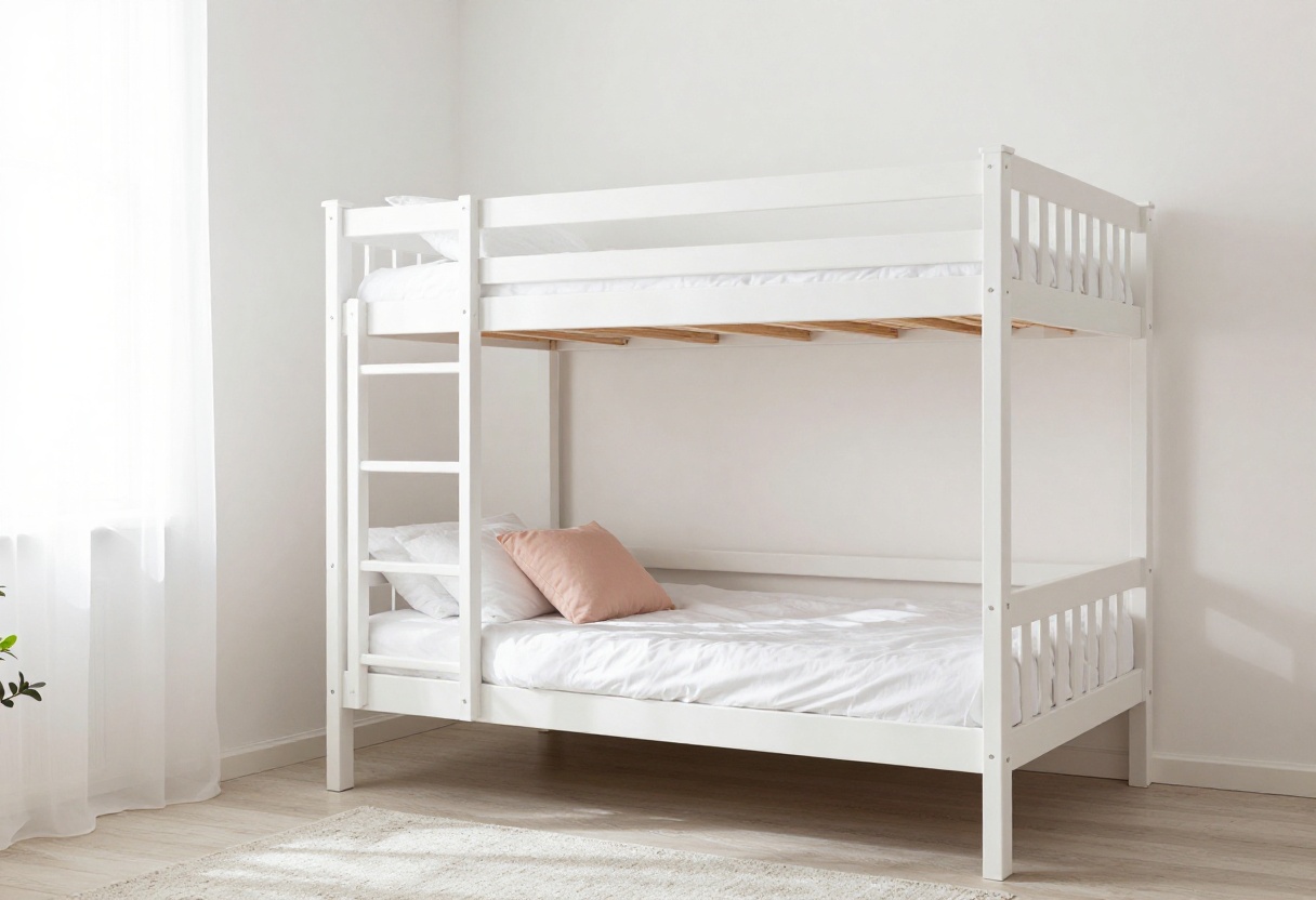 Light and airy small bedroom with a white wooden bunk bed and soft natural lighting