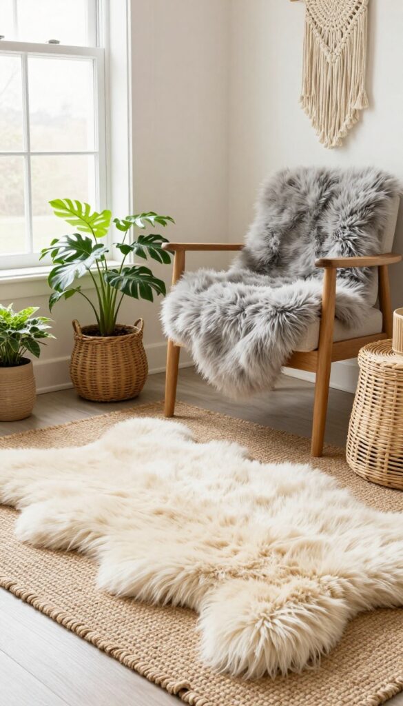 Cozy boho living room with faux fur rug and throw layered over natural textures