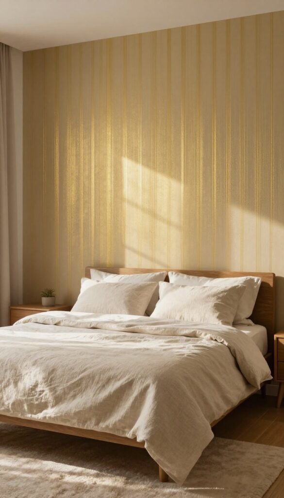 Cozy bedroom with metallic gold stripe wallpaper accent wall, linen bedding, wool rug, and wooden furniture in natural light.