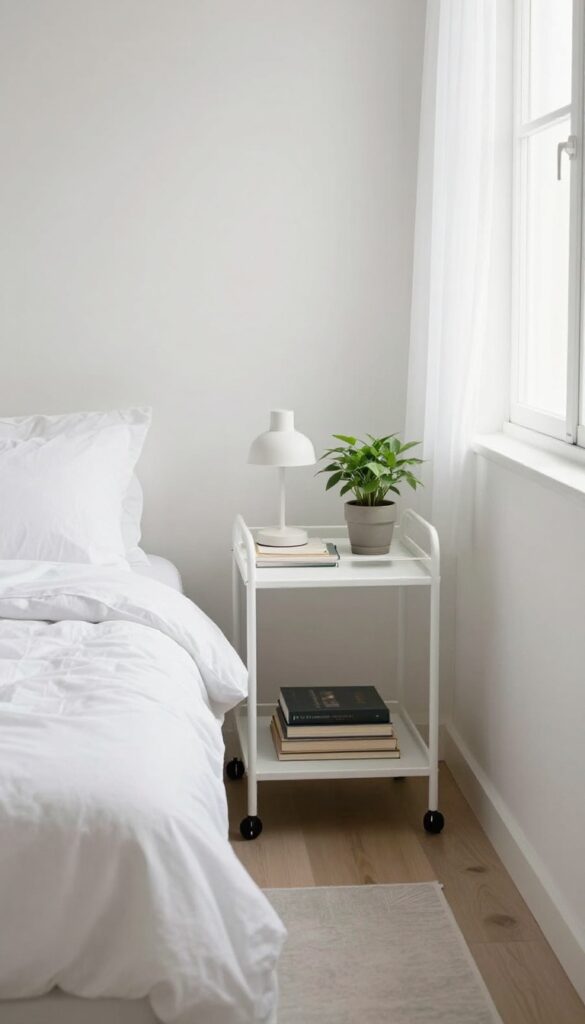 Narrow rolling cart between bed and wall holding books, lamp, and plant in bright small bedroom
