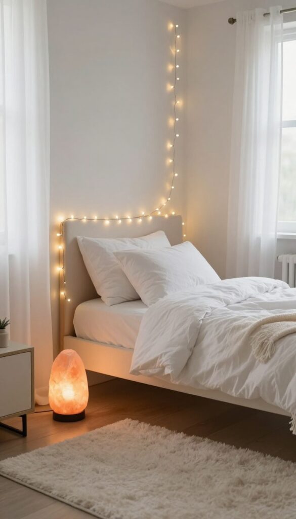 Cozy small bedroom with string lights and salt lamp creating soft warm glow
