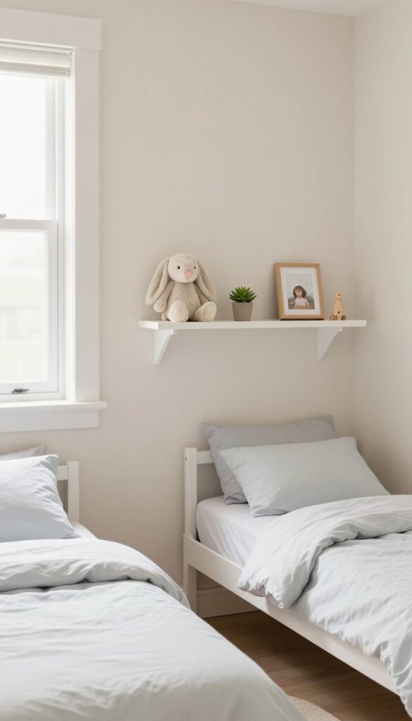 Two kids bedroom with personalized wall shelves above each bed, displaying toys and photos, bright natural light, clean composition.