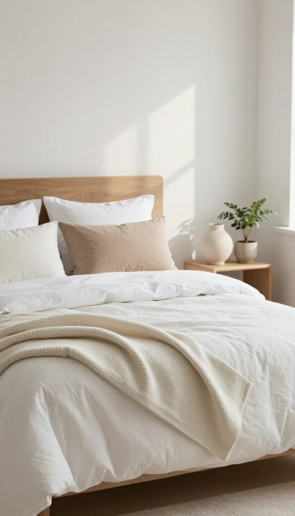 Cozy guest bedroom with layered bedding in cream and sage, chunky knit throw, pillows, natural light, neutral decor